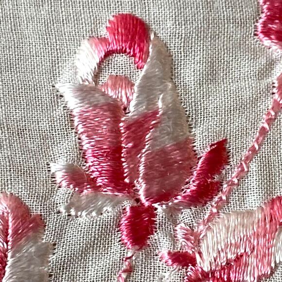 Pink Pearl Rose Bud Handkerchief Petite Point Embroidered Floral Linen Feminine - Picture 2 of 7